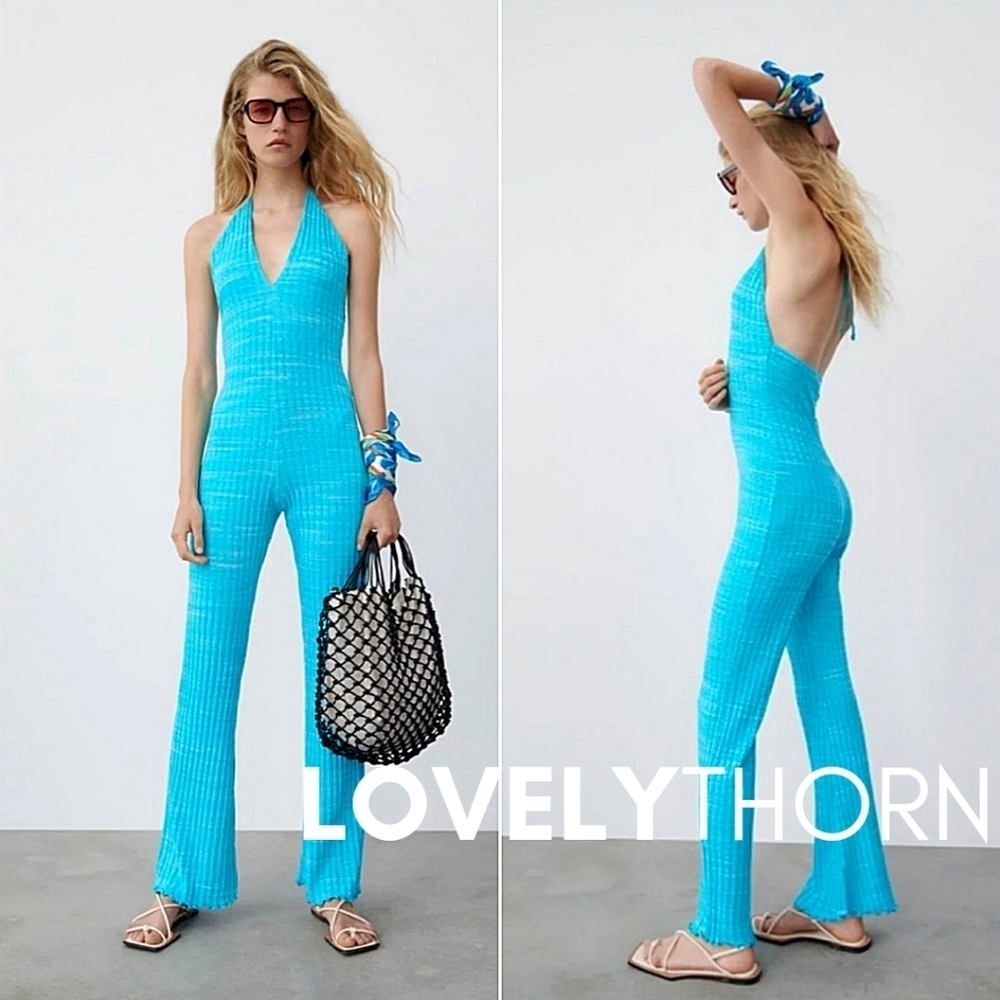 ZARA // ltd ed turquoise soft ribbed open back flare plunge halter jumpsuit